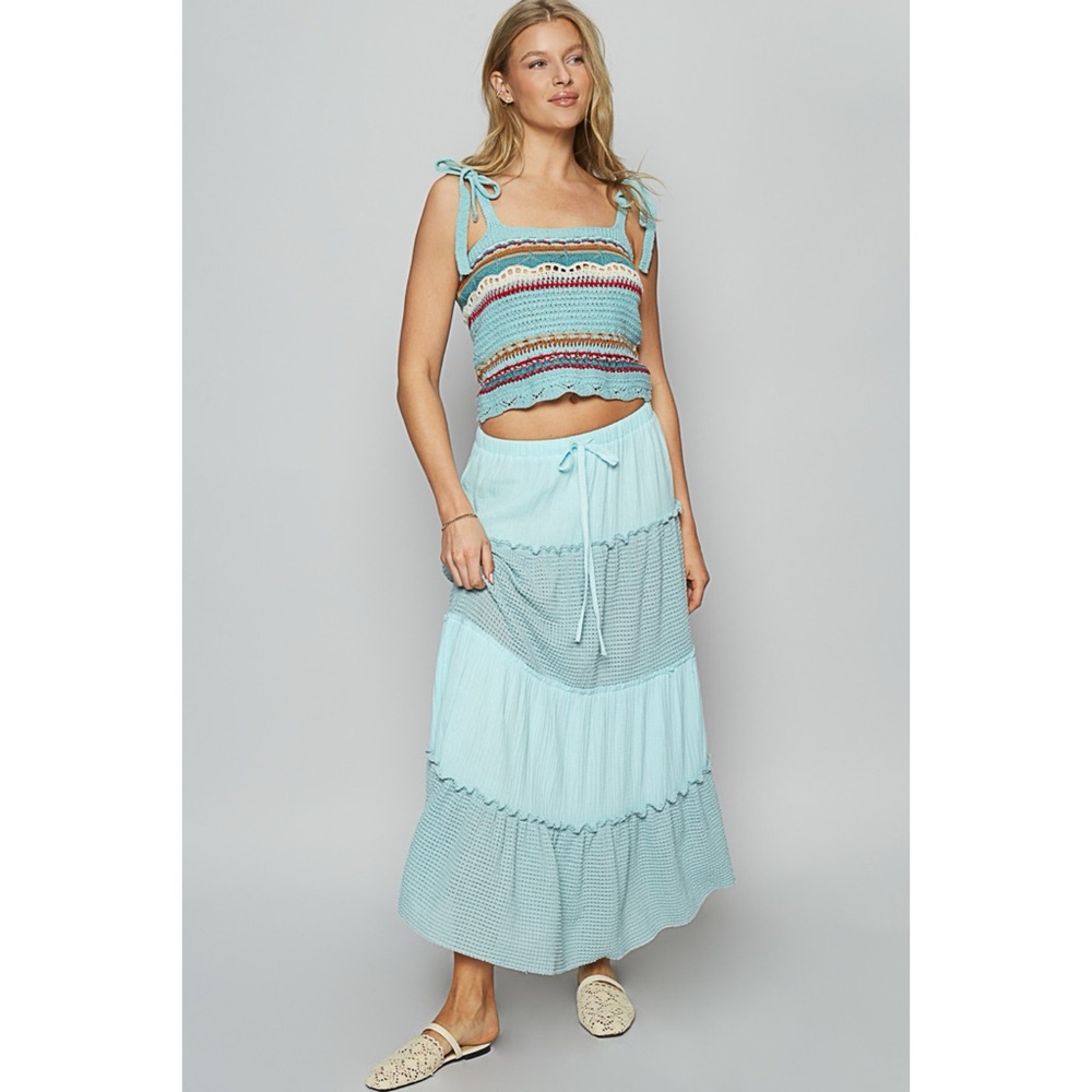 POL Sky Blue Tiered Mixed Fabric Maxi Skirt - Picture 5 of 5